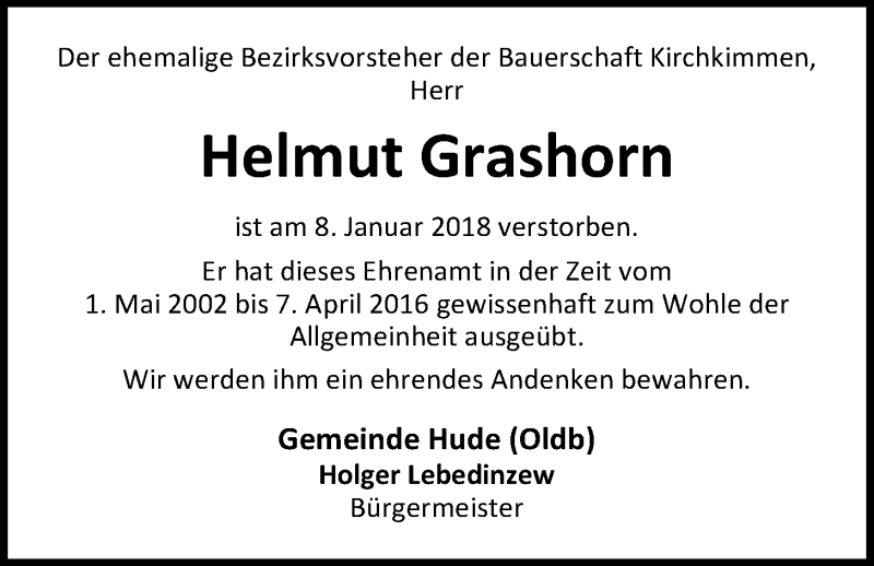  Traueranzeige für Helmut Grashorn vom 10.01.2018 aus Nordwest-Zeitung