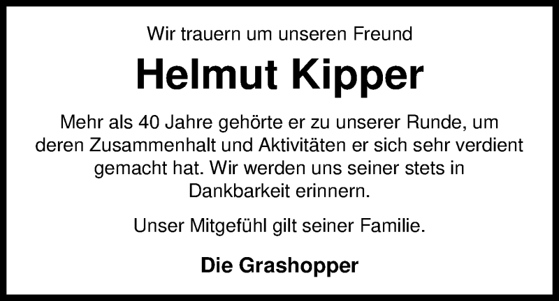  Traueranzeige für Helmut Kipper vom 05.01.2018 aus Nordwest-Zeitung