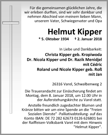 Traueranzeige von Helmut Kipper von Nordwest-Zeitung