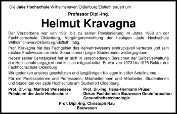 Traueranzeige von Helmut Kravagna von Nordwest-Zeitung