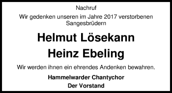 Traueranzeige von Helmut Johann Lösekann von Nordwest-Zeitung
