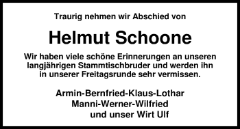 Traueranzeige von Helmut Schoone von Nordwest-Zeitung