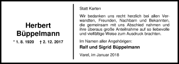 Traueranzeige von Herbert Büppelmann von Nordwest-Zeitung