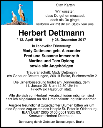 Traueranzeige von Herbert Dettmann von Nordwest-Zeitung