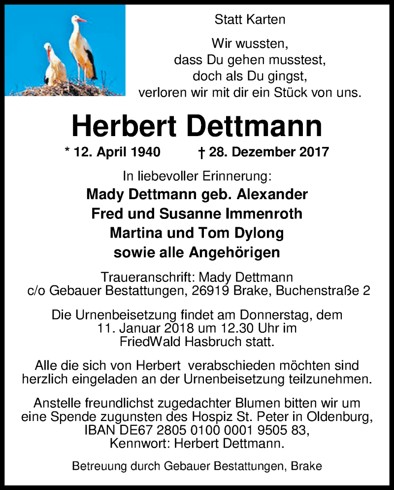 Traueranzeige für Herbert Dettmann vom 06.01.2018 aus Nordwest-Zeitung