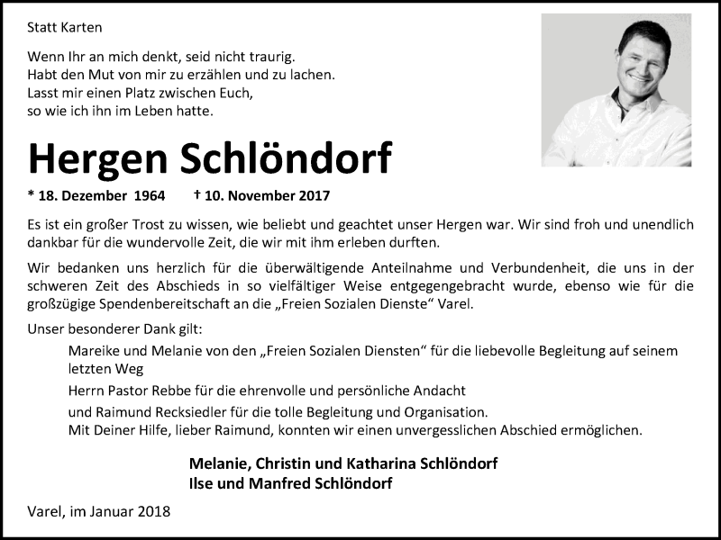  Traueranzeige für Hergen Schlöndorf vom 06.01.2018 aus Nordwest-Zeitung