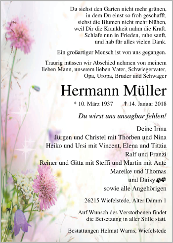Traueranzeige von Hermann Müller von Nordwest-Zeitung