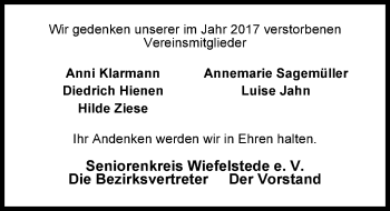 Traueranzeige von Hilde Ziese von Nordwest-Zeitung