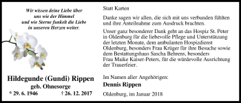 Traueranzeige von Hildegunde Rippen von Nordwest-Zeitung