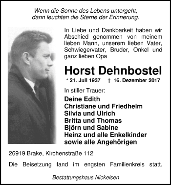 Traueranzeige von Horst Dehnbostel von Nordwest-Zeitung