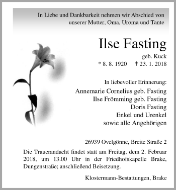 Traueranzeige von Ilse Fasting von Nordwest-Zeitung