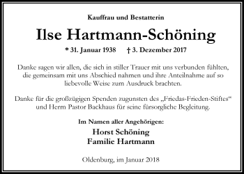 Traueranzeige von Ilse Hartmann-Schöning von Nordwest-Zeitung
