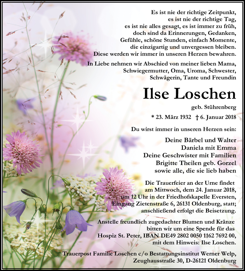  Traueranzeige für Ilse Loschen vom 20.01.2018 aus Nordwest-Zeitung