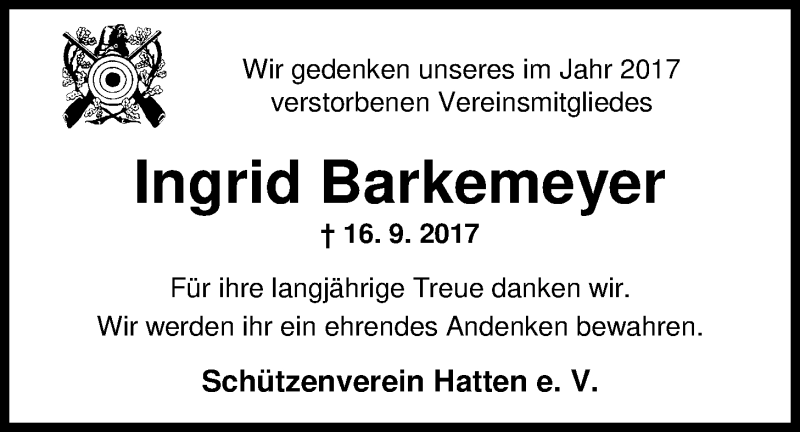  Traueranzeige für Ingrid Barkemeyer vom 05.01.2018 aus Nordwest-Zeitung
