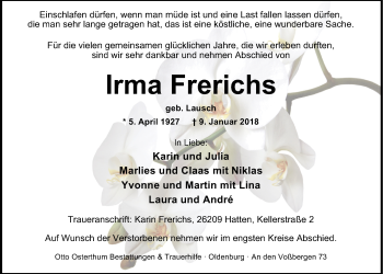 Traueranzeige von Irma Frerichs von Nordwest-Zeitung
