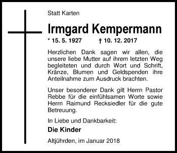 Traueranzeige von Irmgard Kempermann von Nordwest-Zeitung