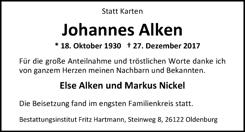  Traueranzeige für Johannes Alken vom 13.01.2018 aus Nordwest-Zeitung