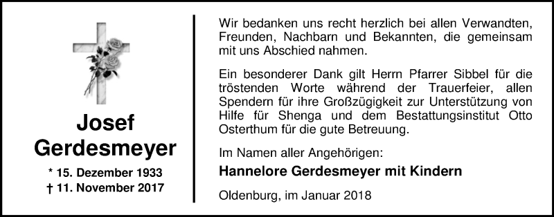  Traueranzeige für Josef Gerdesmeyer vom 27.01.2018 aus Nordwest-Zeitung