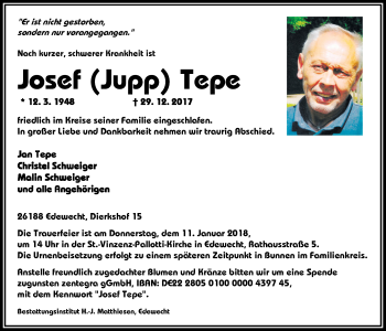 Traueranzeige von Josef Tepe von Nordwest-Zeitung