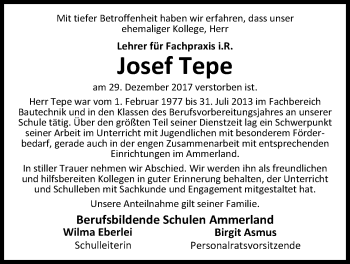 Traueranzeige von Josef Tepe von Nordwest-Zeitung