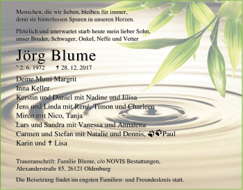 Traueranzeige von Jörg Blume von Nordwest-Zeitung