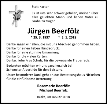Traueranzeige von Jürgen Beerfölz von Nordwest-Zeitung
