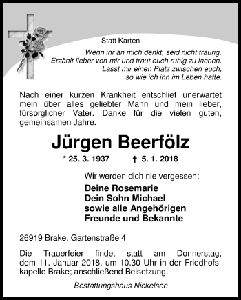 Traueranzeige von Jürgen Beerfölz von Nordwest-Zeitung