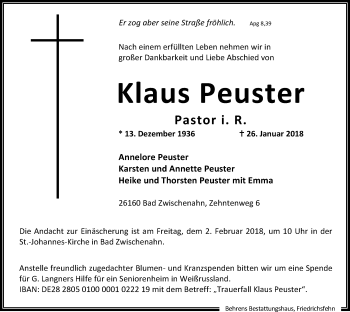 Traueranzeige von Klaus Peuster von Nordwest-Zeitung