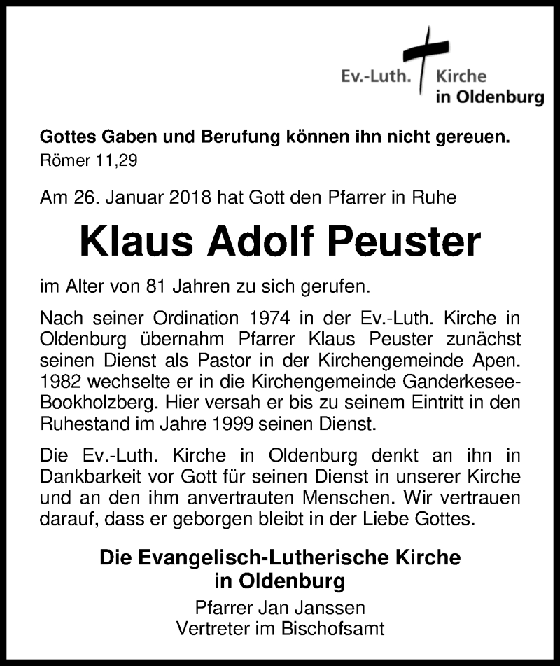  Traueranzeige für Klaus Peuster vom 30.01.2018 aus Nordwest-Zeitung