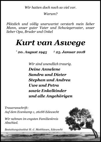 Traueranzeige von Kurt  van Aswege von Nordwest-Zeitung