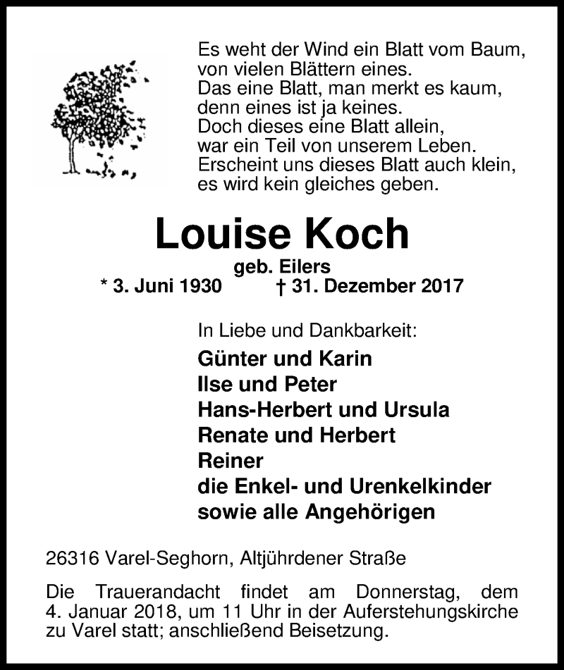  Traueranzeige für Louise Koch vom 02.01.2018 aus Nordwest-Zeitung
