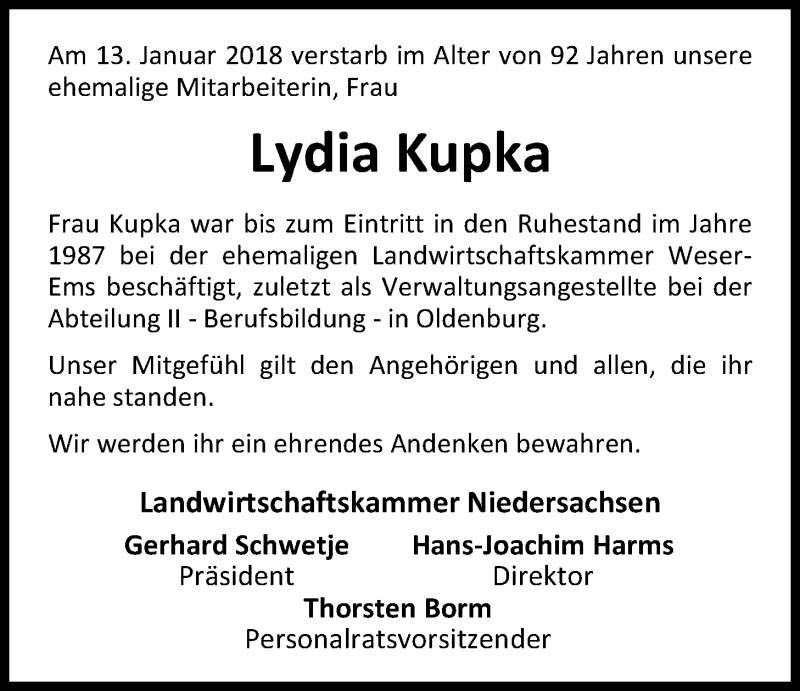 Traueranzeige für Lydia Kupka vom 24.01.2018 aus Nordwest-Zeitung