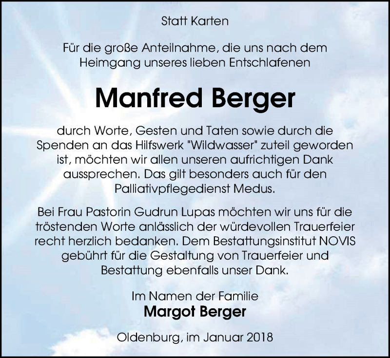  Traueranzeige für Manfred Berger vom 13.01.2018 aus Nordwest-Zeitung