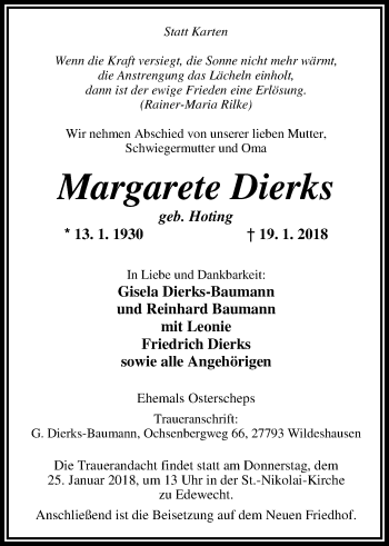 Traueranzeige von Margarete Dierks von Nordwest-Zeitung
