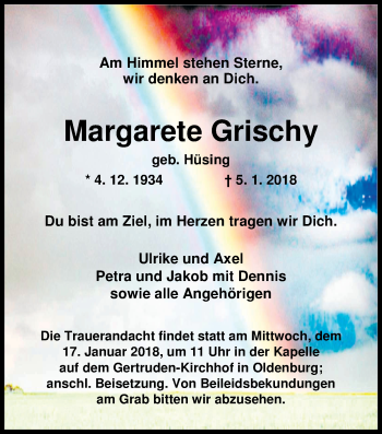 Traueranzeige von Margarete Grischy von Nordwest-Zeitung