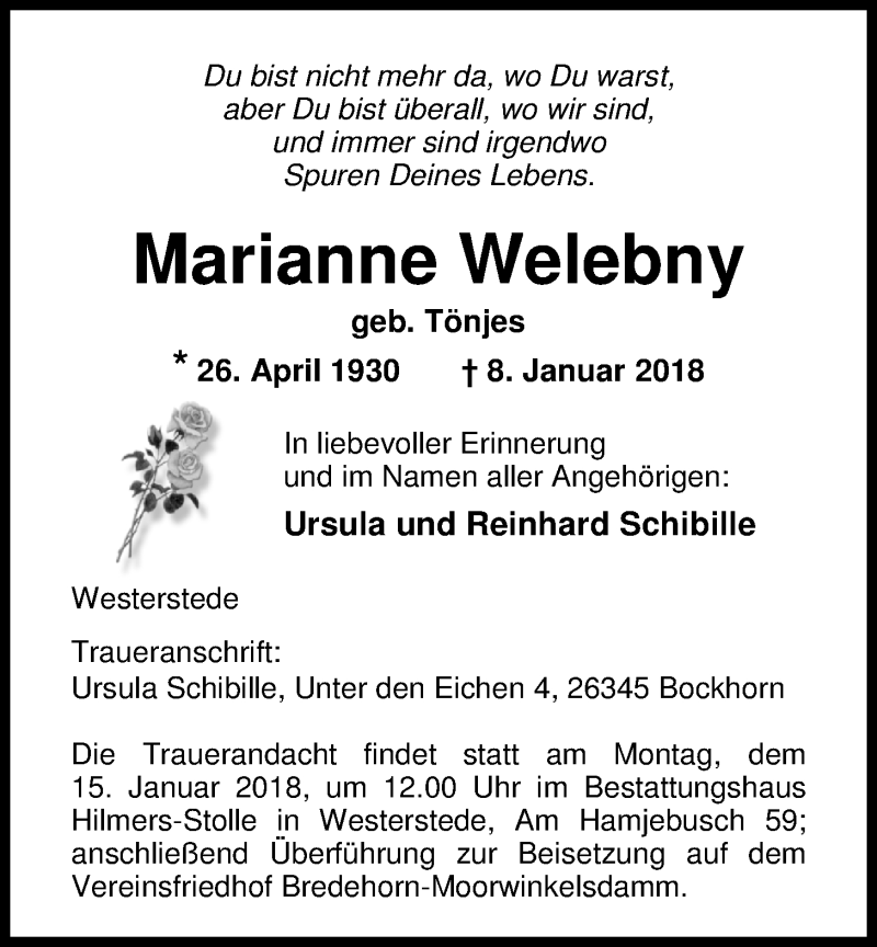  Traueranzeige für Marianne Welebny vom 10.01.2018 aus Nordwest-Zeitung