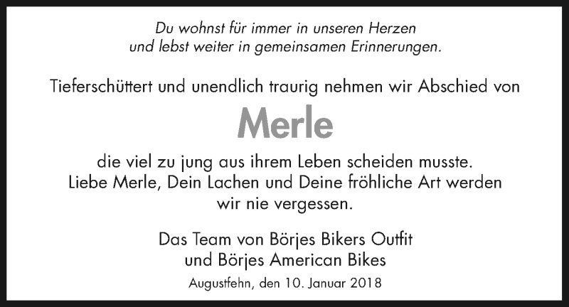  Traueranzeige für Merle Tammen vom 12.01.2018 aus Nordwest-Zeitung