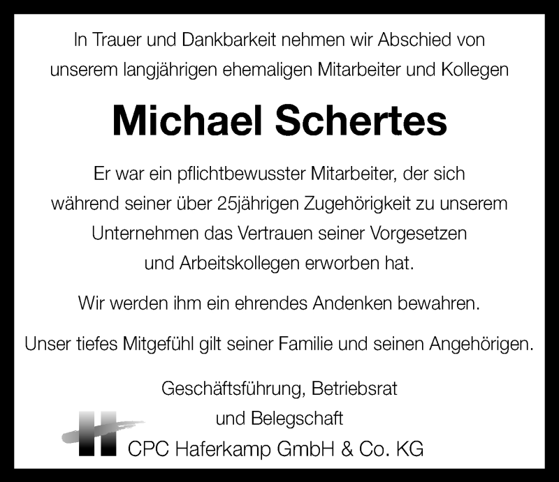  Traueranzeige für Michael Schertes vom 06.01.2018 aus Nordwest-Zeitung