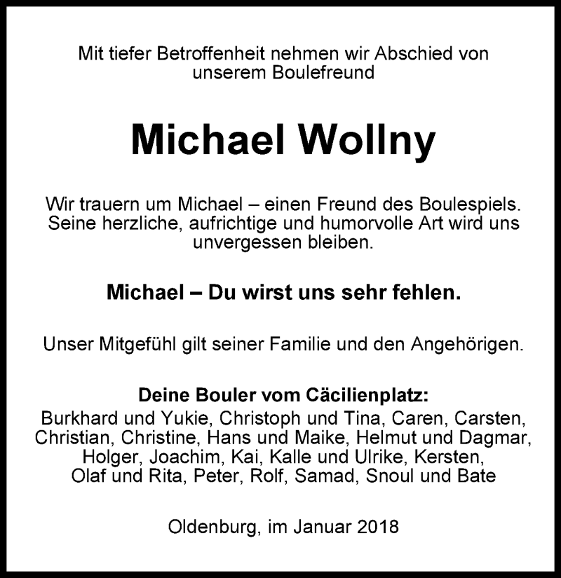  Traueranzeige für Michael Wollny vom 13.01.2018 aus Nordwest-Zeitung