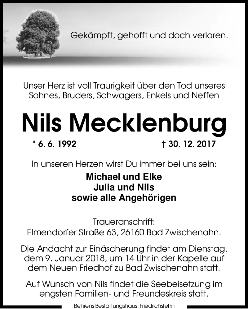  Traueranzeige für Nils Mecklenburg vom 03.01.2018 aus Nordwest-Zeitung