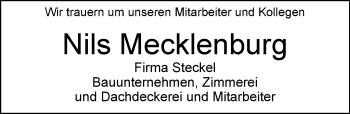Traueranzeige von Nils Mecklenburg von Nordwest-Zeitung