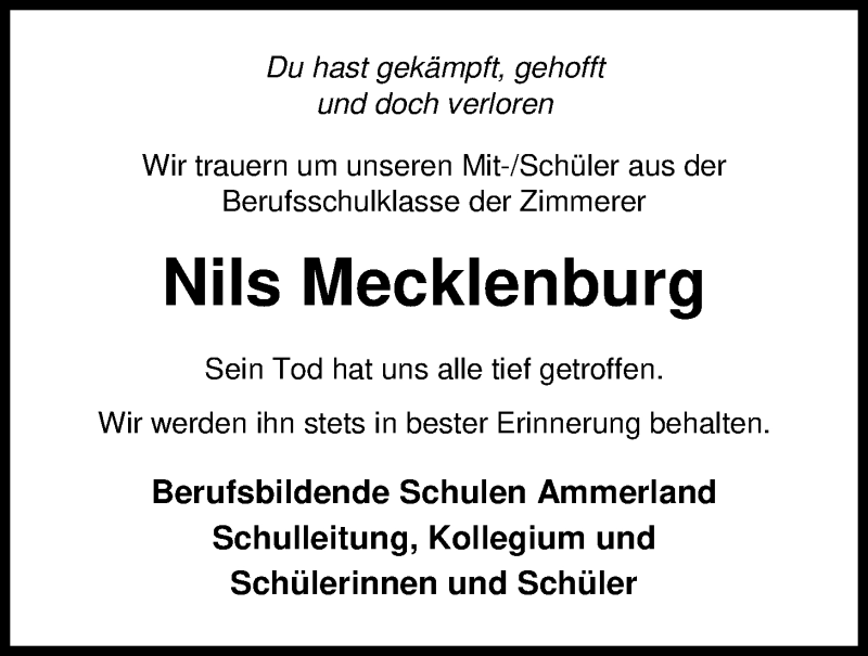  Traueranzeige für Nils Mecklenburg vom 09.01.2018 aus Nordwest-Zeitung