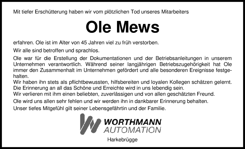  Traueranzeige für Ole Mews vom 02.01.2018 aus Nordwest-Zeitung