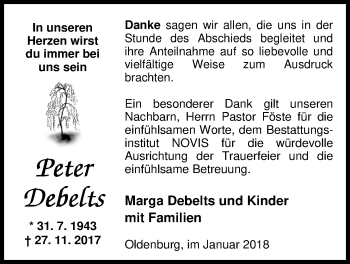Traueranzeige von Peter Debelts von Nordwest-Zeitung