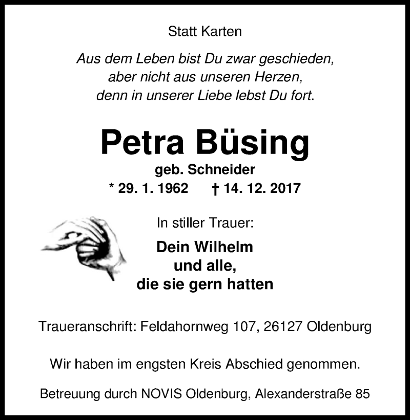  Traueranzeige für Petra Büsing vom 11.01.2018 aus Nordwest-Zeitung