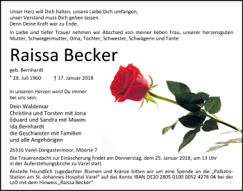 Traueranzeige von Raissa Becker von Nordwest-Zeitung