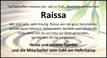 Traueranzeige von Raissa Becker von Nordwest-Zeitung