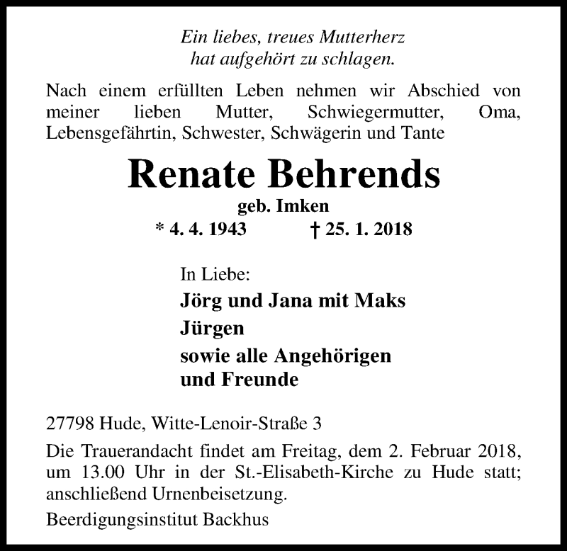  Traueranzeige für Renate Behrends vom 29.01.2018 aus Nordwest-Zeitung