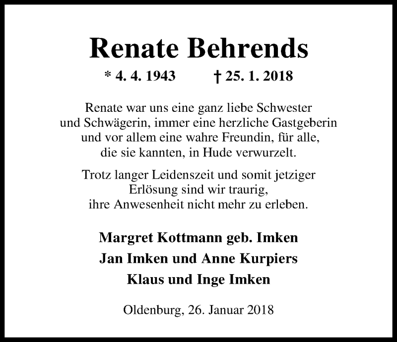  Traueranzeige für Renate Behrends vom 29.01.2018 aus Nordwest-Zeitung