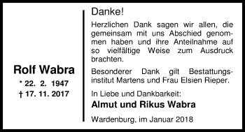 Traueranzeige von Rolf Wabra von Nordwest-Zeitung